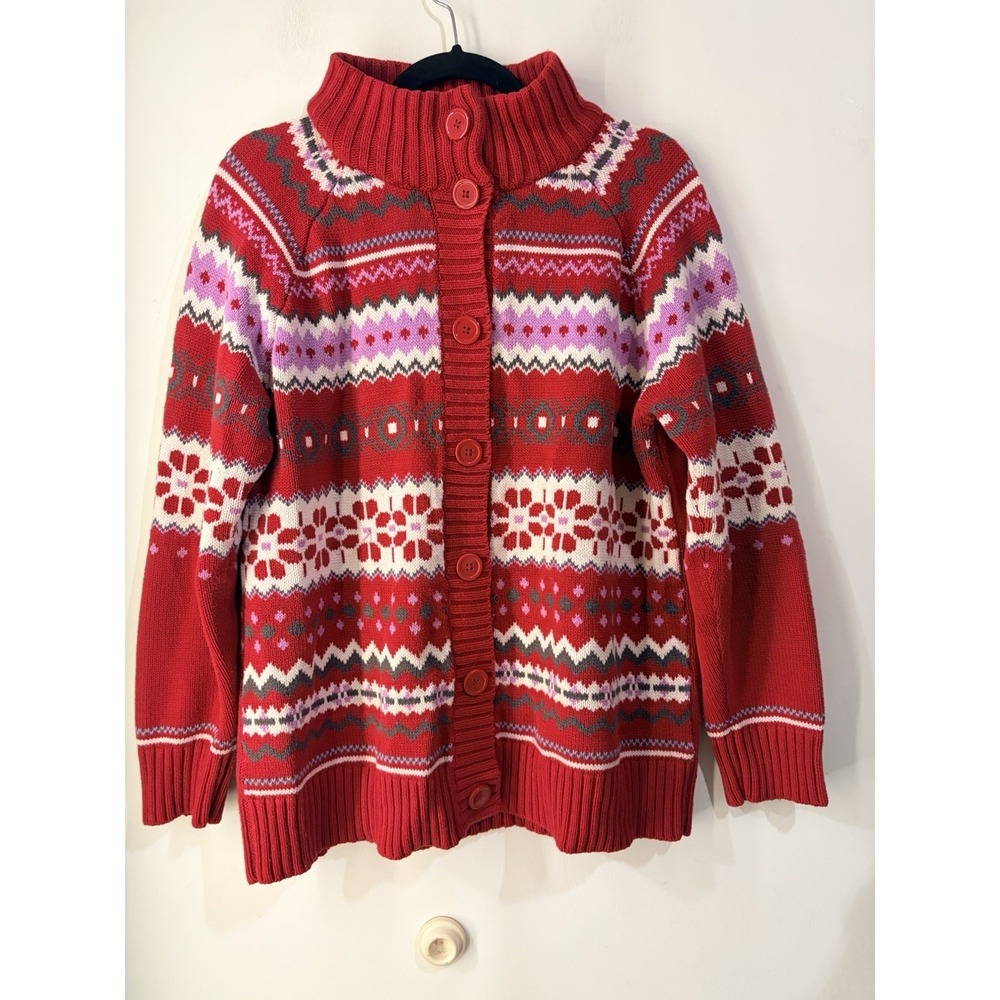 Vintage Basic Editions Fair‎ Isle Cardigan Sweater XL Red Nordic Button Holiday